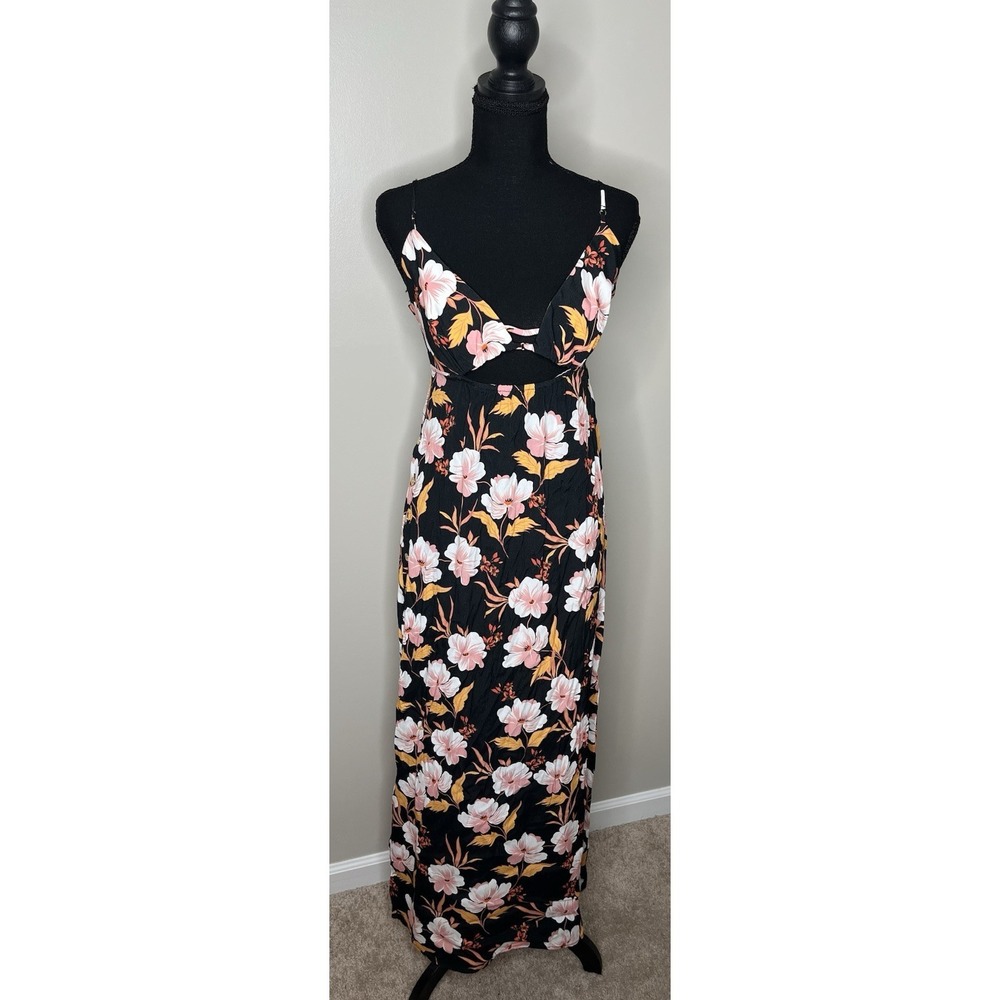 Aquari Women's Black Floral Halter Tiered Maxi Dress Size Large NWTs